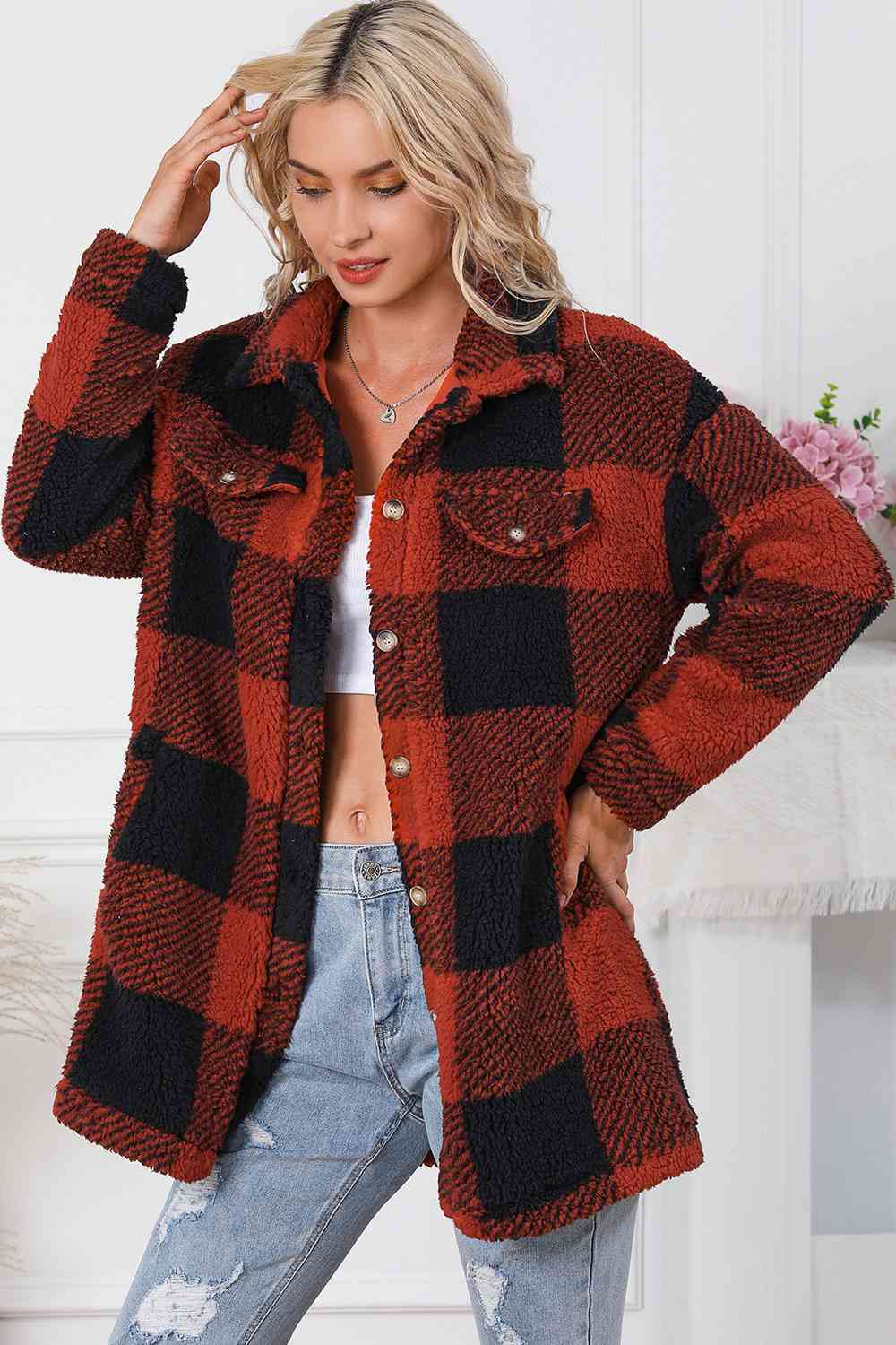 Plaid Button Down Coat with Pockets | Casual Woman's Collar Neck Polyester Coat