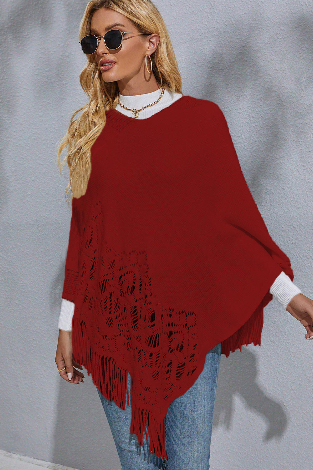 Round Neck Fringe Detail Poncho | Solid Acrylic Poncho With Long Sleeves