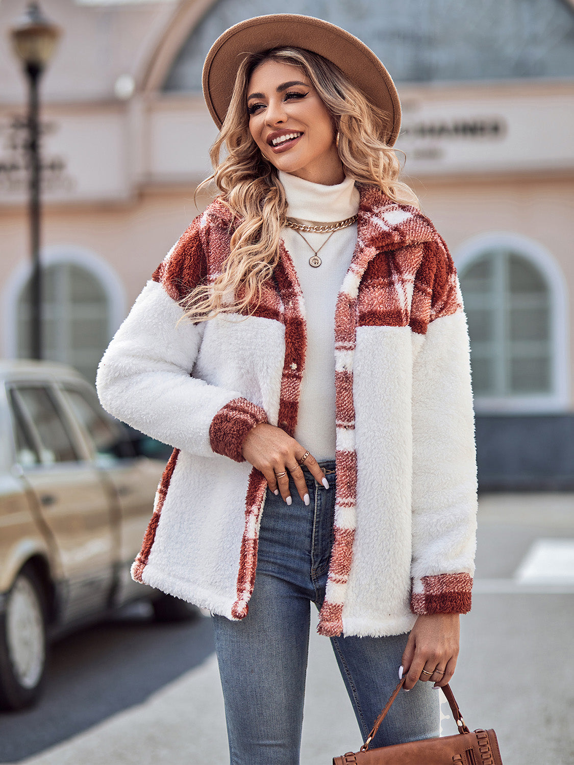 Plaid Dropped Shoulder Teddy Jacket | Polyester Jacket With Collar Neckline