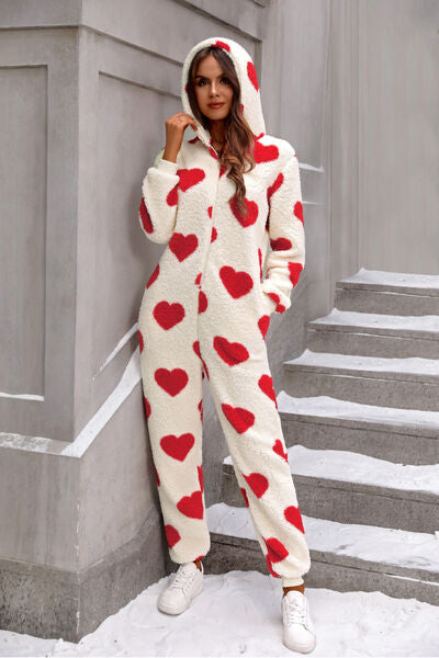 Fuzzy Heart Zip Up Hooded Lounge Jumpsuit | Woman's Polyester Pocketed Jumpsuit