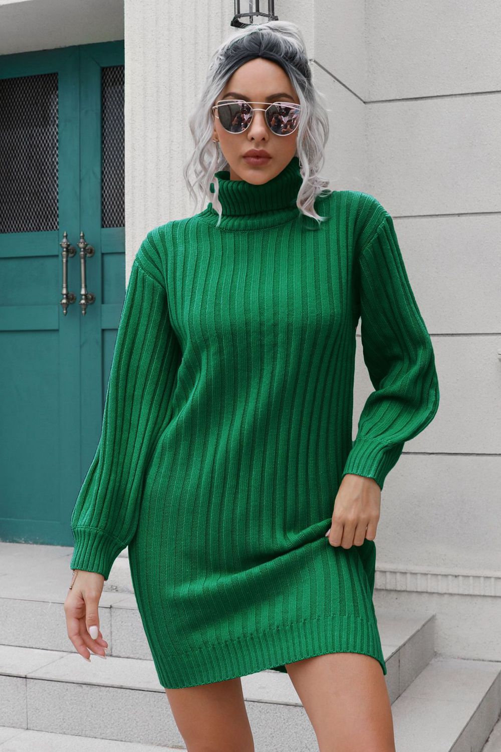 Ribbed Turtle Neck Long Sleeve Mini Sweater Dress | Solid Acrylic Sweater Dress