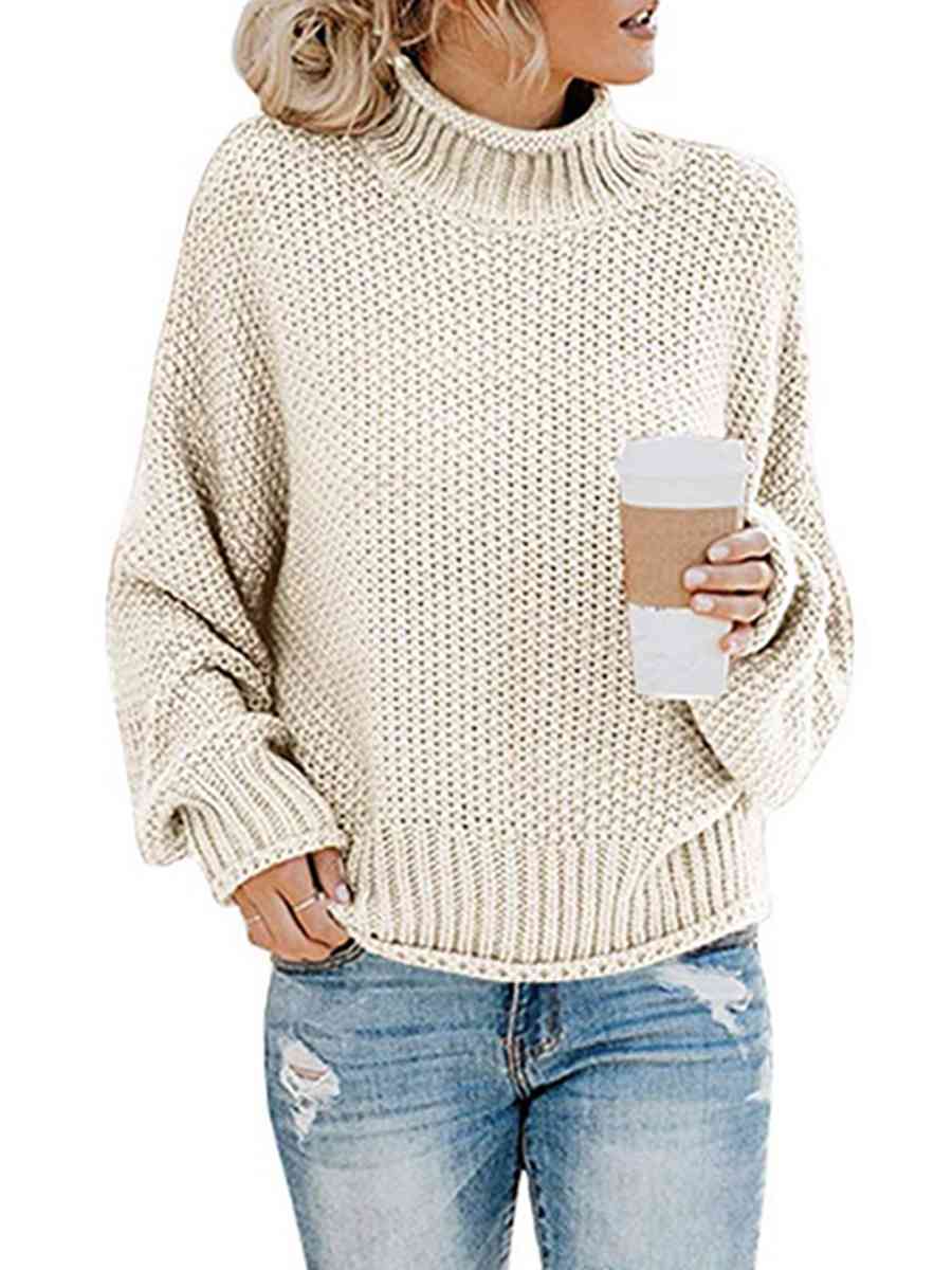 Turtleneck Dropped Shoulder Sweater | Casual Relaxed Fit Stretch Sweater