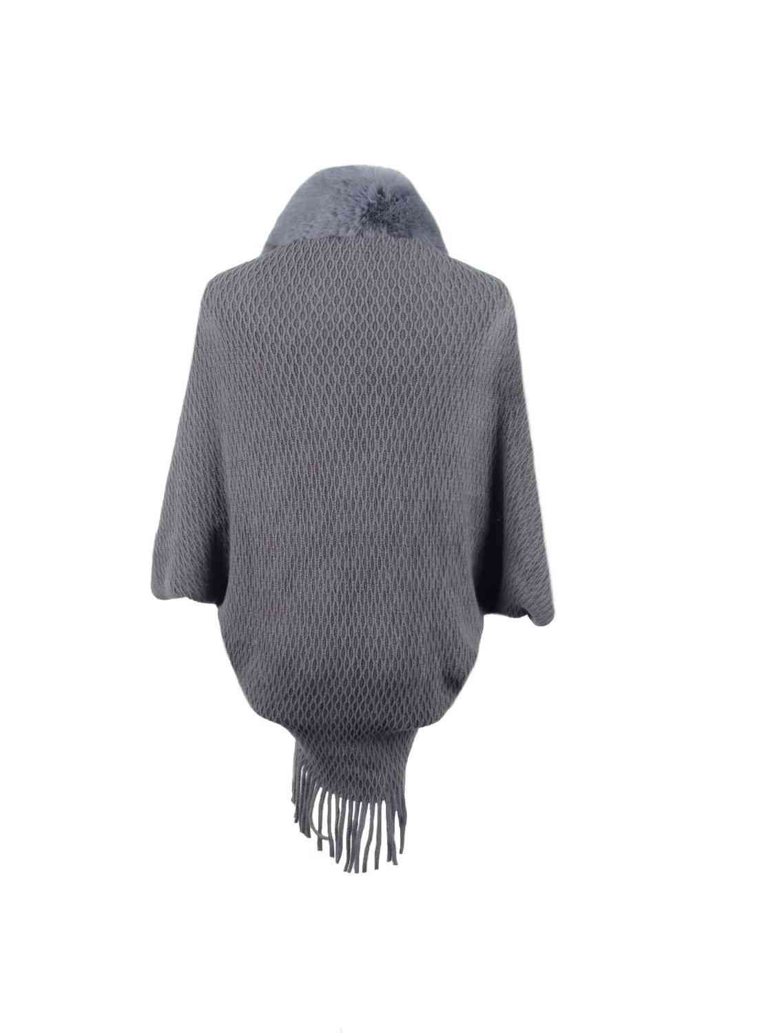 Open Front Fringe Hem Poncho | Casual Solid Fur Stretchy Polyester Poncho