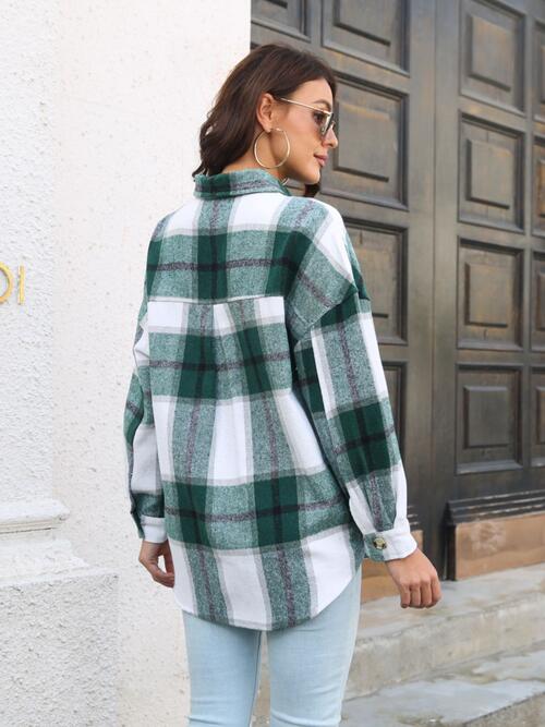 Plaid Button Up Collared Neck Long Sleeve Shirt | Pocketed Polyester Jacket