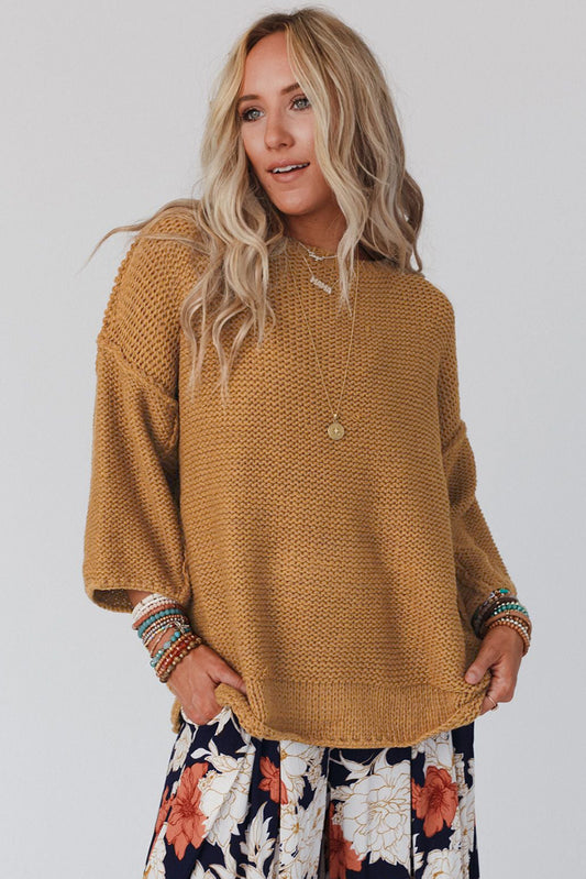 Round Neck Dropped Shoulder Sweater | Casual Cotton Sweater With 3\4 Sleeves