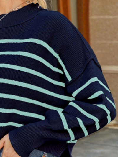 Round Neck Striped Lantern Sleeve Sweater | Casual Woman's Acrylic Sweater