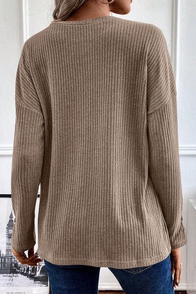 Ribbed Half Button Long Sleeve Knit Top | Casual Woman's Khaki Polyester Top