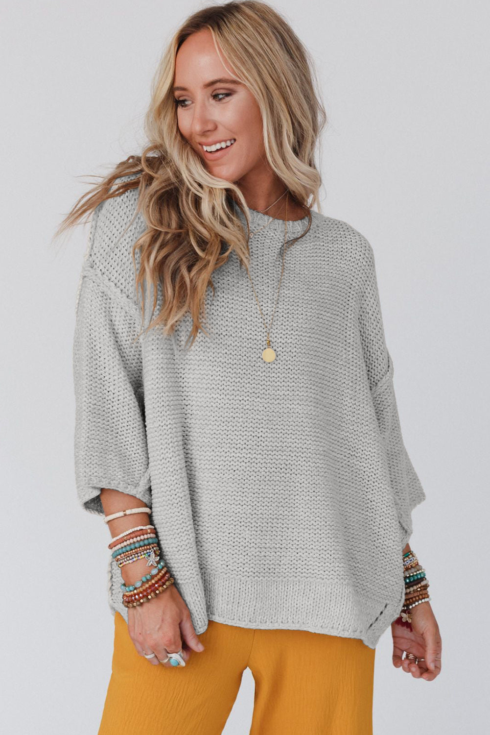 Round Neck Dropped Shoulder Sweater | Casual Cotton Sweater With 3\4 Sleeves