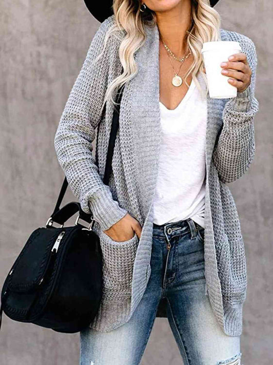 Open Front Long Sleeve Cardigan | Casual Polyester Cardigan With Side Pockets