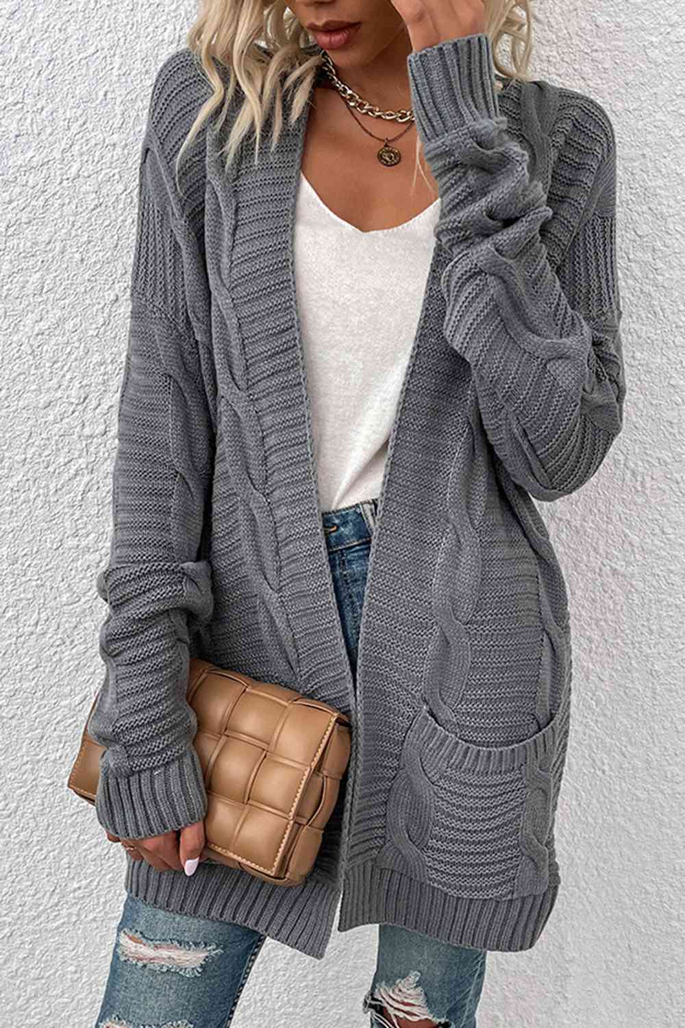 Cable-Knit Open Front Cardigan with Pockets | Casual Ribbed Polyester Cardigan