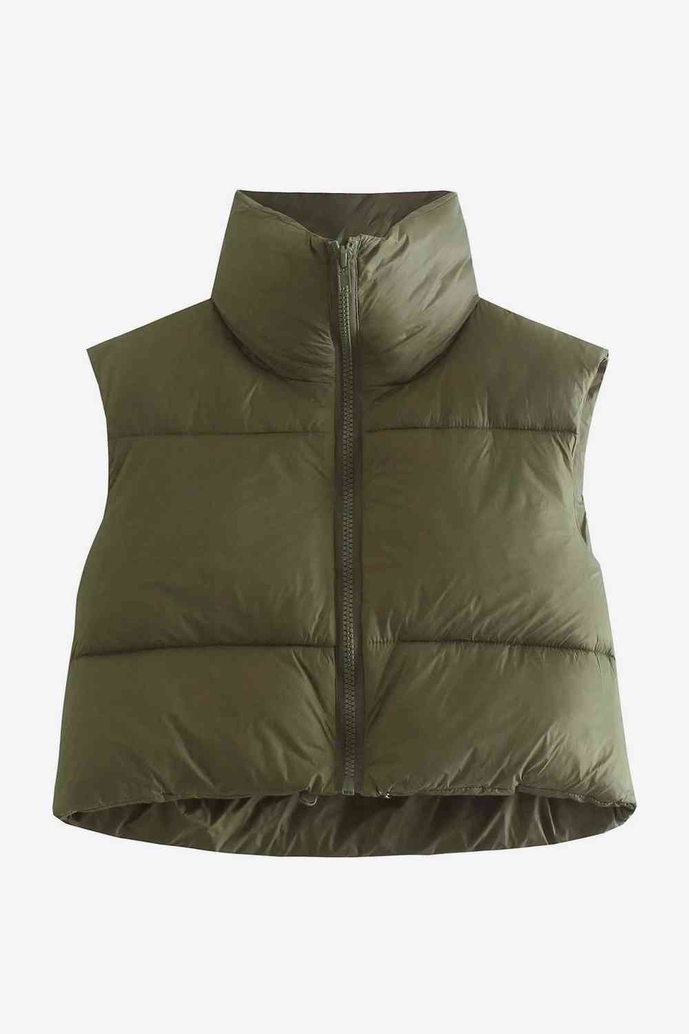 Zip-Up Drawstring Puffer Vest | Cropped Solid Band Collar Polyester Vest