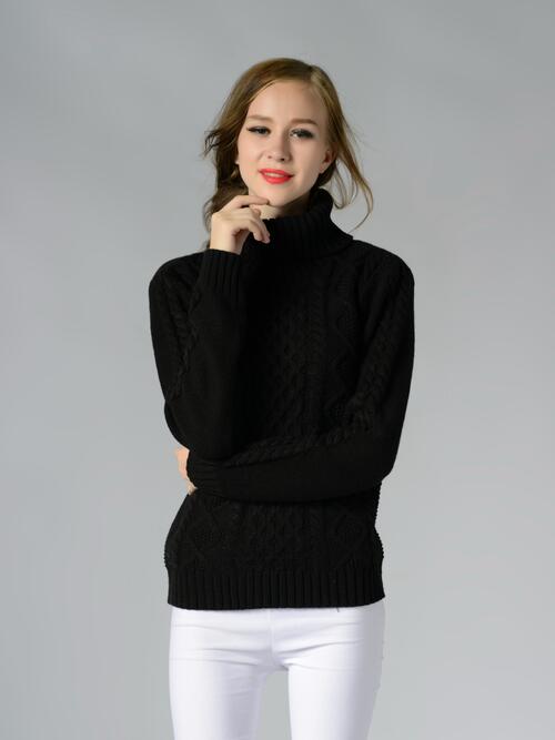 Cable-Knit Turtleneck Long Sleeve Sweater | Woman's Casual Acrylic Sweater