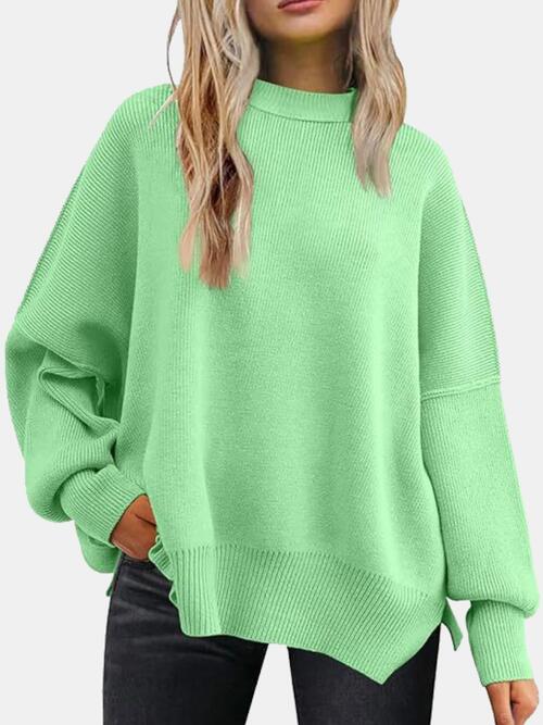 Round Neck Drop Shoulder Slit Sweater | Woman's Casual Stretchy Ribbed Sweater