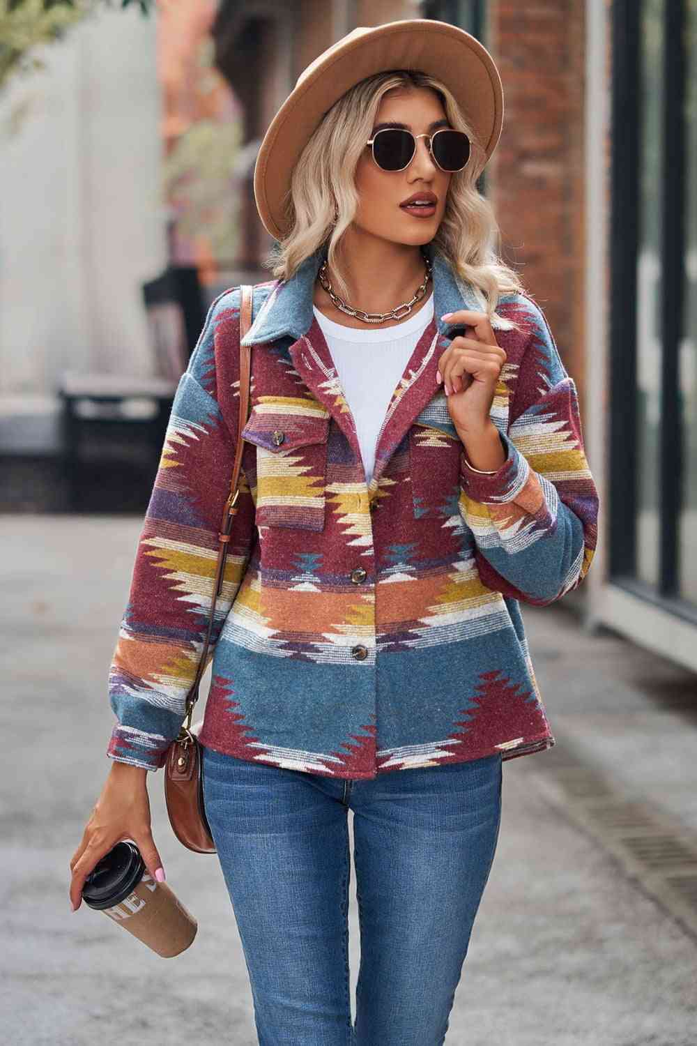 Printed Collared Neck Jacket | Casual Multicolored Jacket With Button Closure