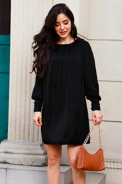 Ruched Round Neck Long Sleeve Mini Dress