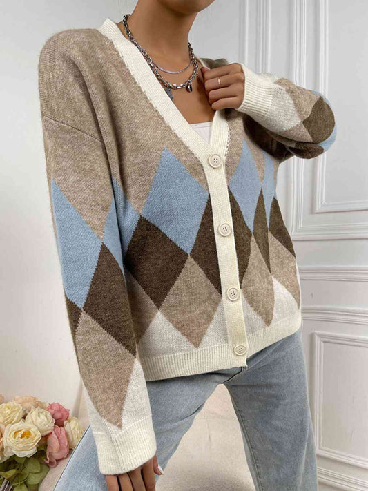 Geometric Button-Up V-Neck Dropped Shoulder Cardigan | Polyester Cardigan
