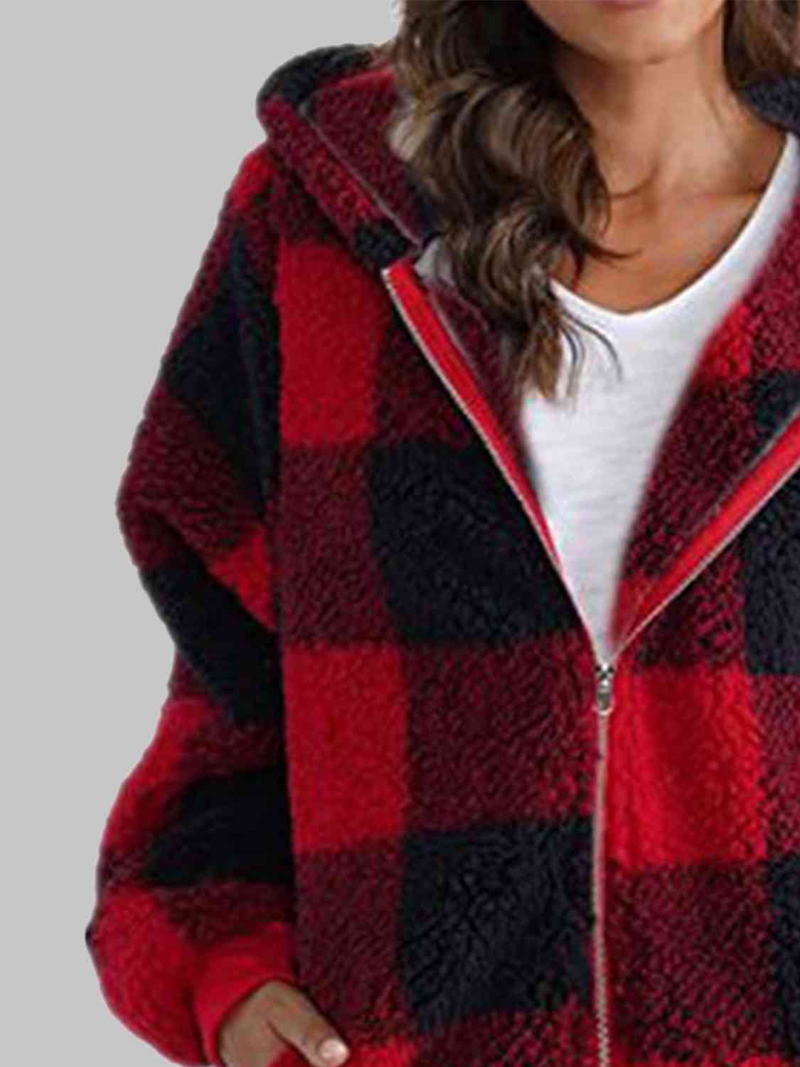 Plaid Zip-Up Hooded Jacket with Pockets | Warm Cozy Fuzzy Sherpa Jacket Shirt