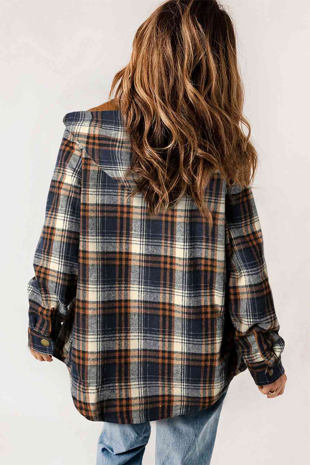 Plaid Snap Down Hooded Jacket | Casual Pocketed Jacket With Long Sleeves