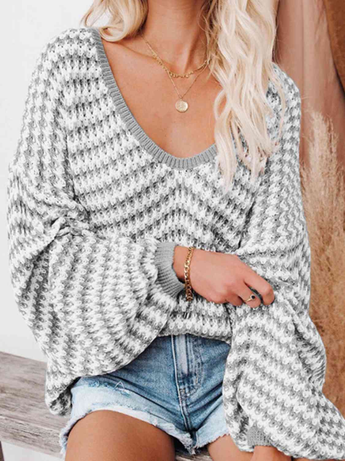 Striped Drop Shoulder V-Neck Sweater | Casual Open Work Relaxed Fit Sweater