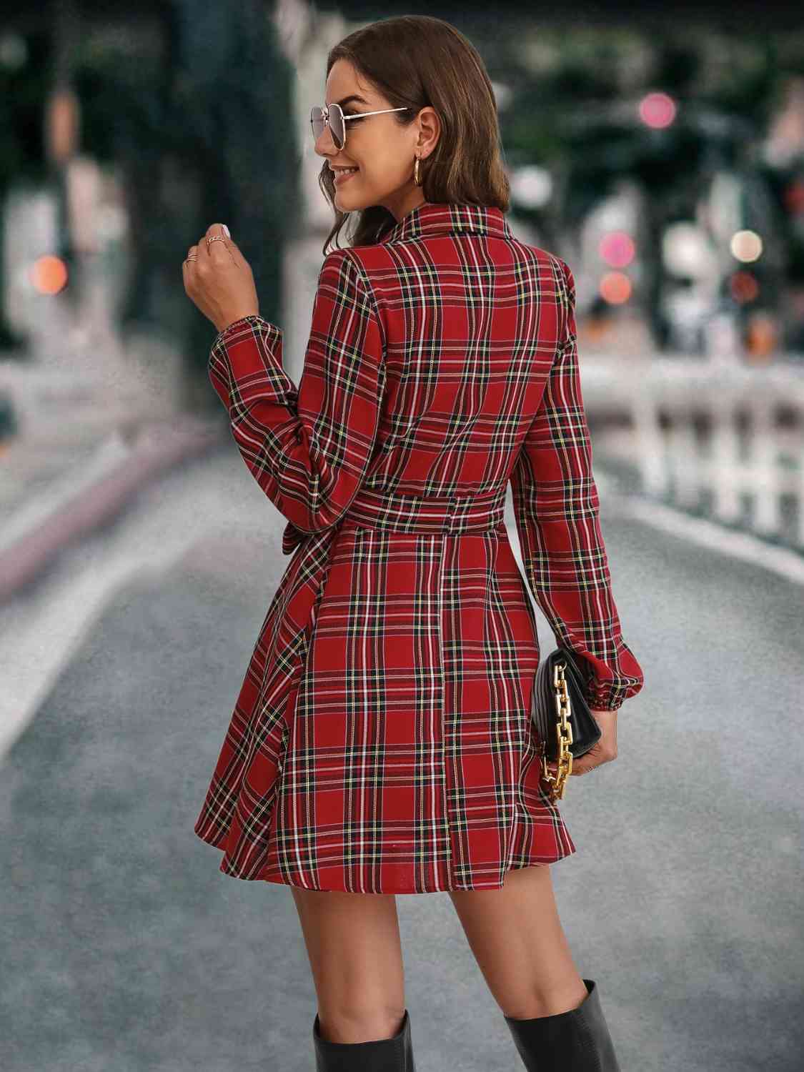 Plaid Tie Front Collared Neck Long Sleeve Dress | Casual Buttoned Tied Dress