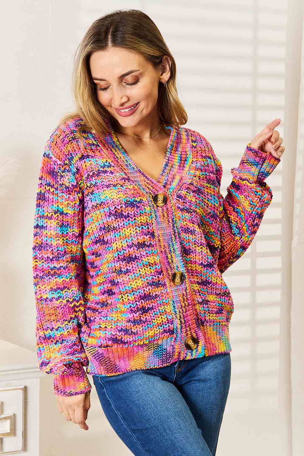 Woven Right V-Neck Long Sleeve Cardigan | Casual Multicolor Acrylic Cardigan