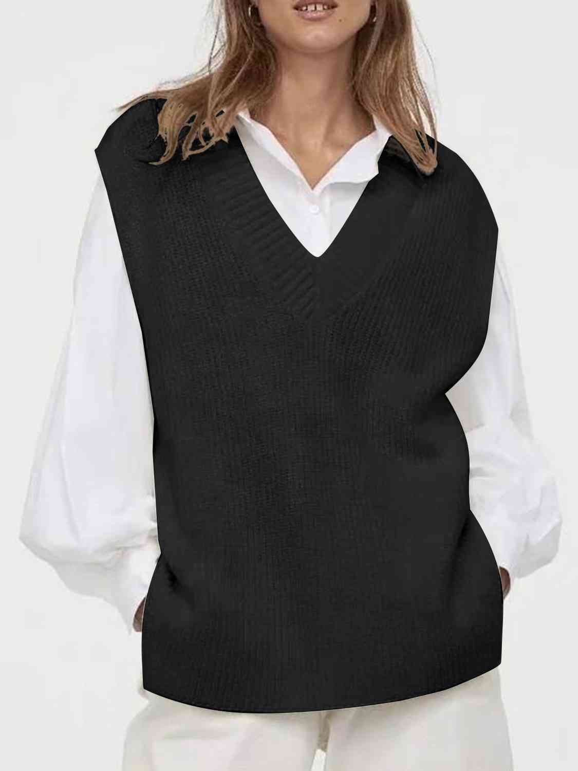 V-Neck Slit Sweater Vest | Solid Woman's Polyester Vest With Ribbed Neck