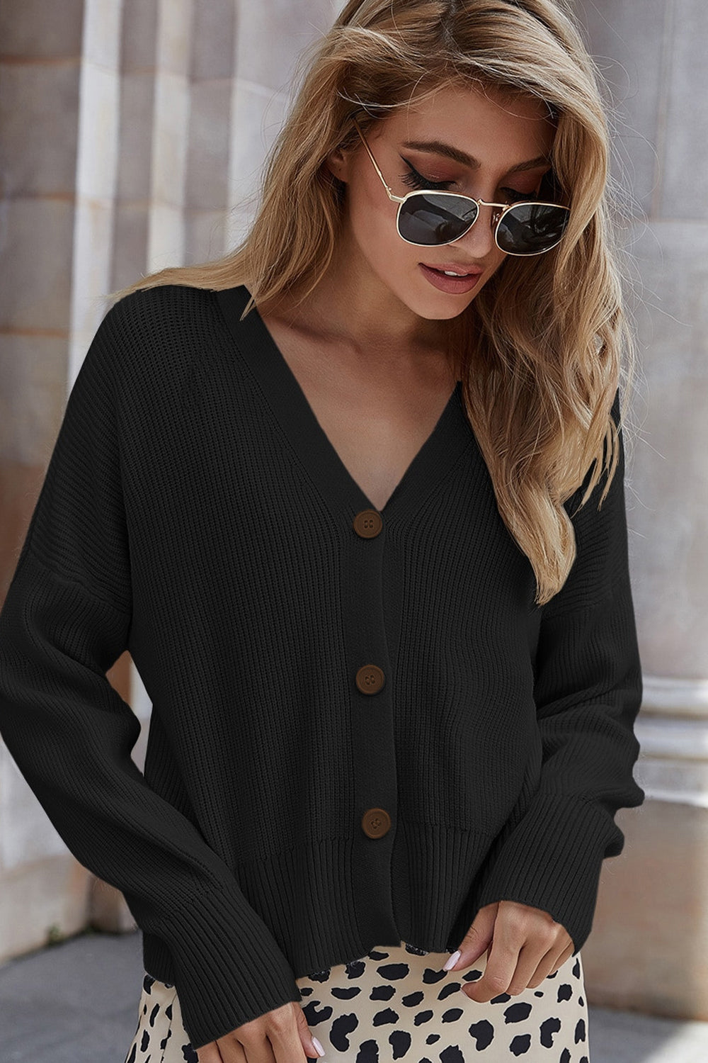 V-Neck Dropped Shoulder Cardigan | Casual Woman's Cardigan With long Sleeves