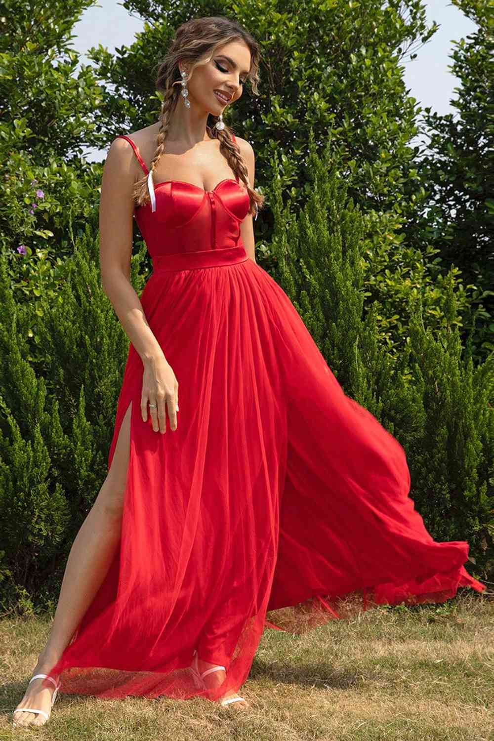 Spaghetti Strap Sweetheart Neck Split Dress |Formal Long A-Line Sleeveless Dress