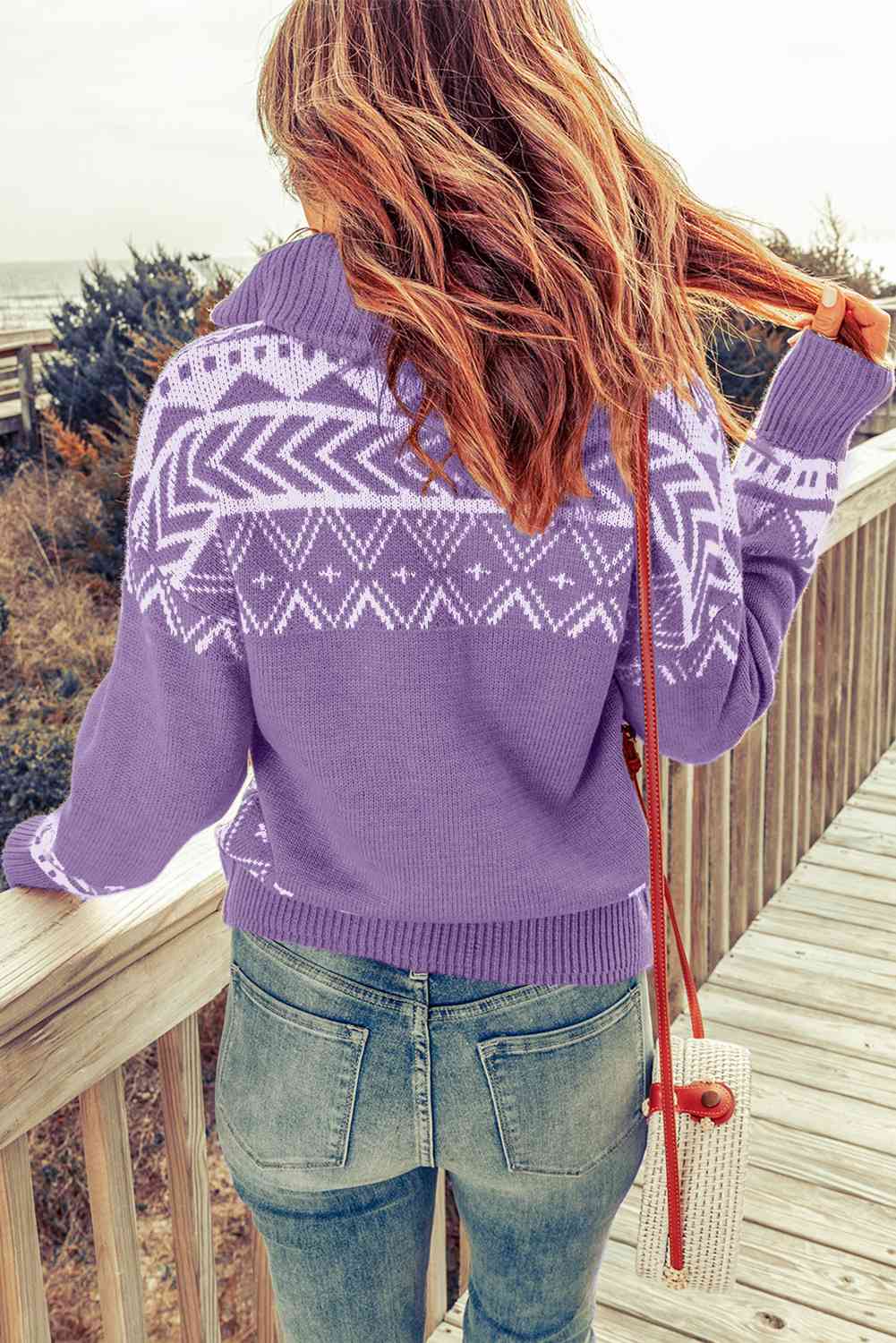 Zip-Up Mock Neck Dropped Shoulder Pullover Sweater | Casual Printed Sweater