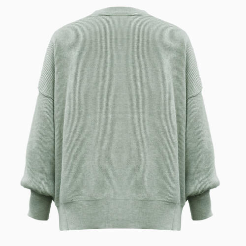 Round Neck Drop Shoulder Slit Sweater | Woman's Casual Stretchy Ribbed Sweater