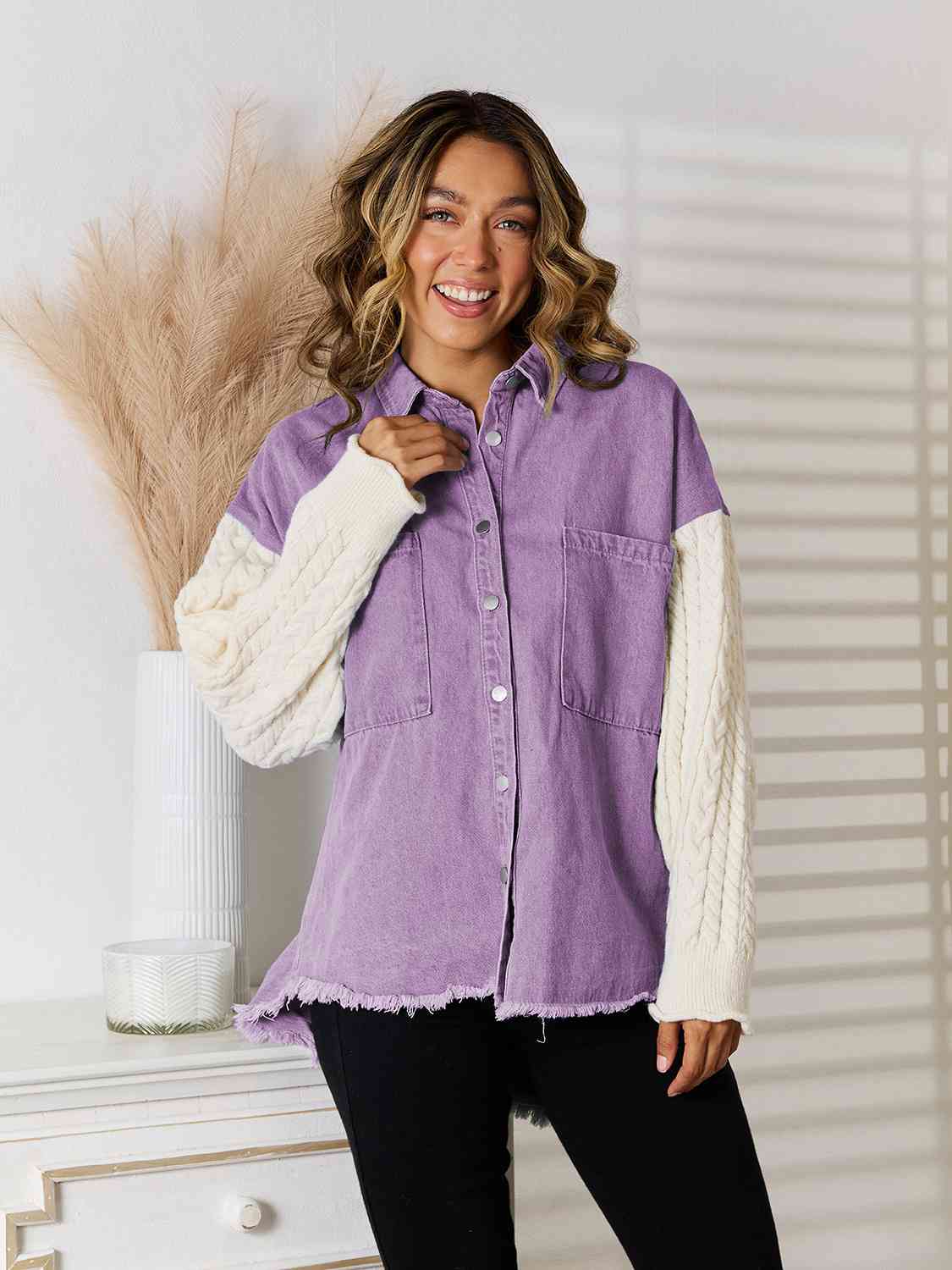 Raw Hem Contrast Button Up Jacket | Polyester Jacket With Collar Neckline