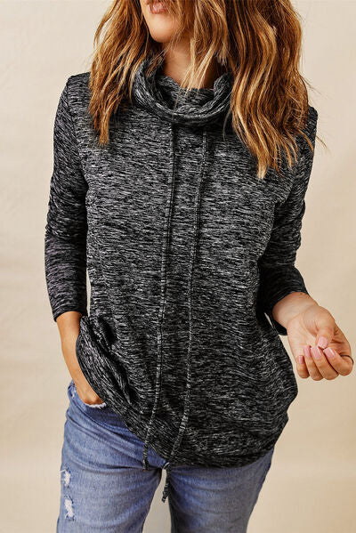 Heathered Drawstring Mock Neck Sweatshirt | Casual Stretchy Polyester Sweatshirt