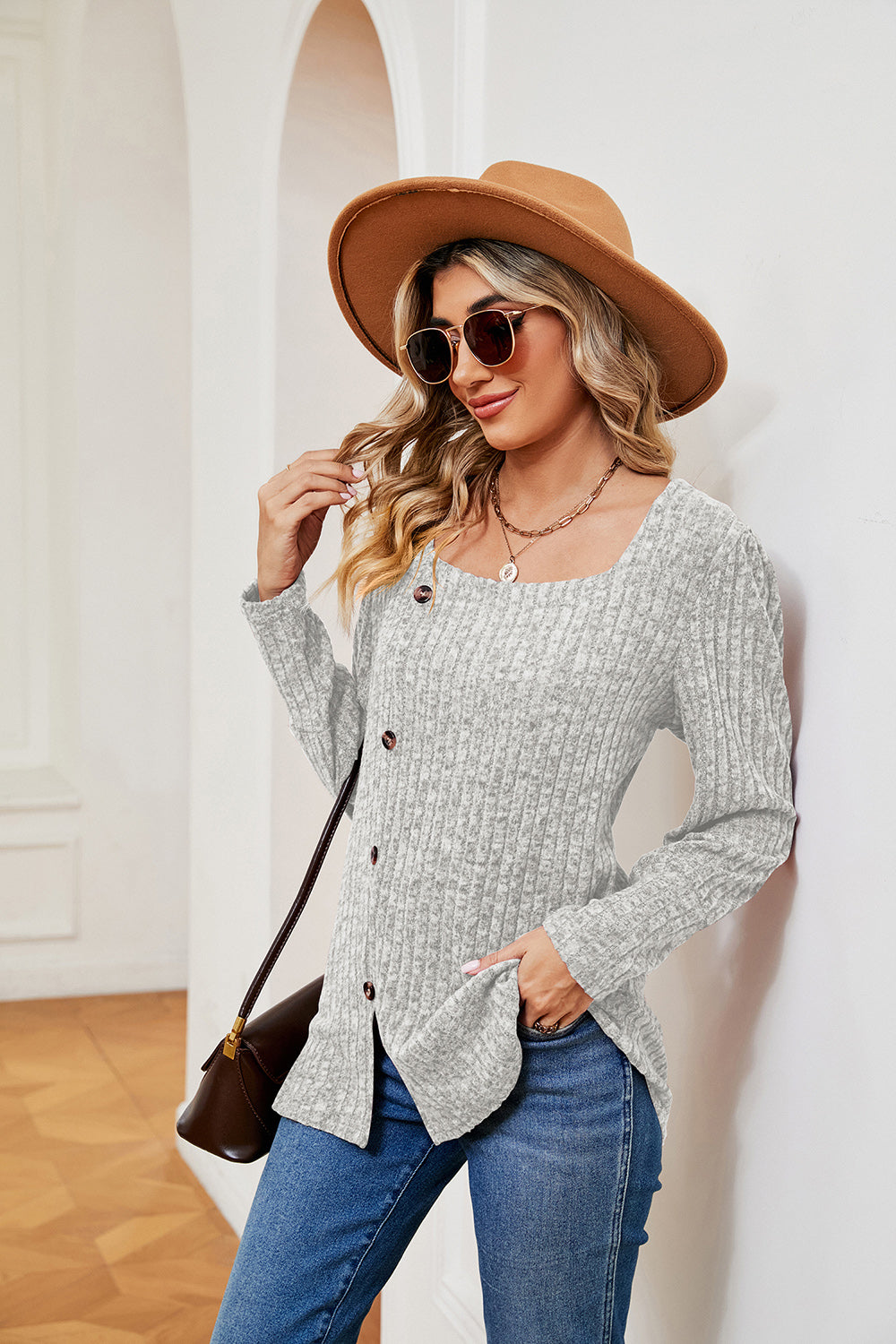 Decorative Button Slit Square Neck Top | Casual Ribbed Top With Long Sleeves