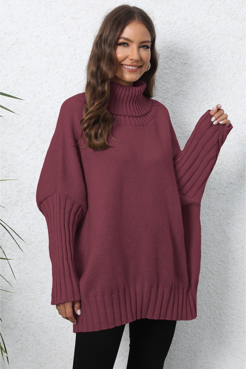 Turtle Neck Long Sleeve Ribbed Sweater | Casual Dolman Sleeve Ribbed Hem Sweater