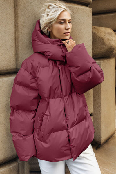 Pocketed Zip Up Hooded Puffer Jacket | Solid Polyester Jacket With Long Sleeves