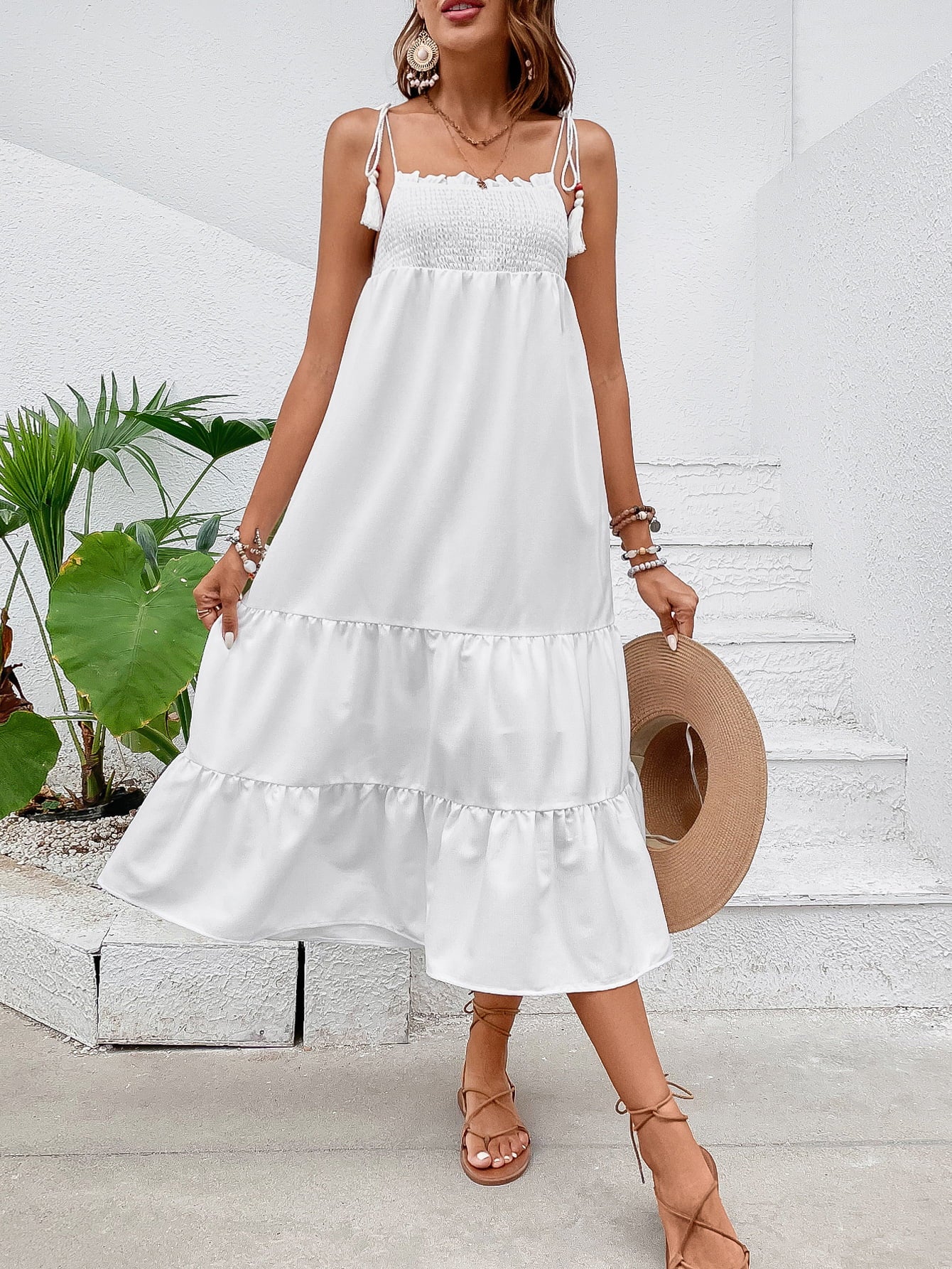 Tie-Shoulder Smocked Tiered Midi Dress