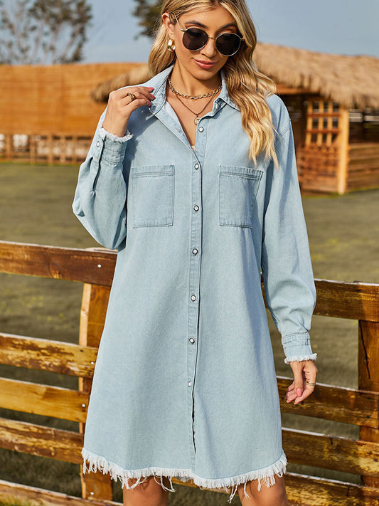 Raw Hem Collared Denim Dress | Casual Pocketed Rayon Dress With Long Sleeves