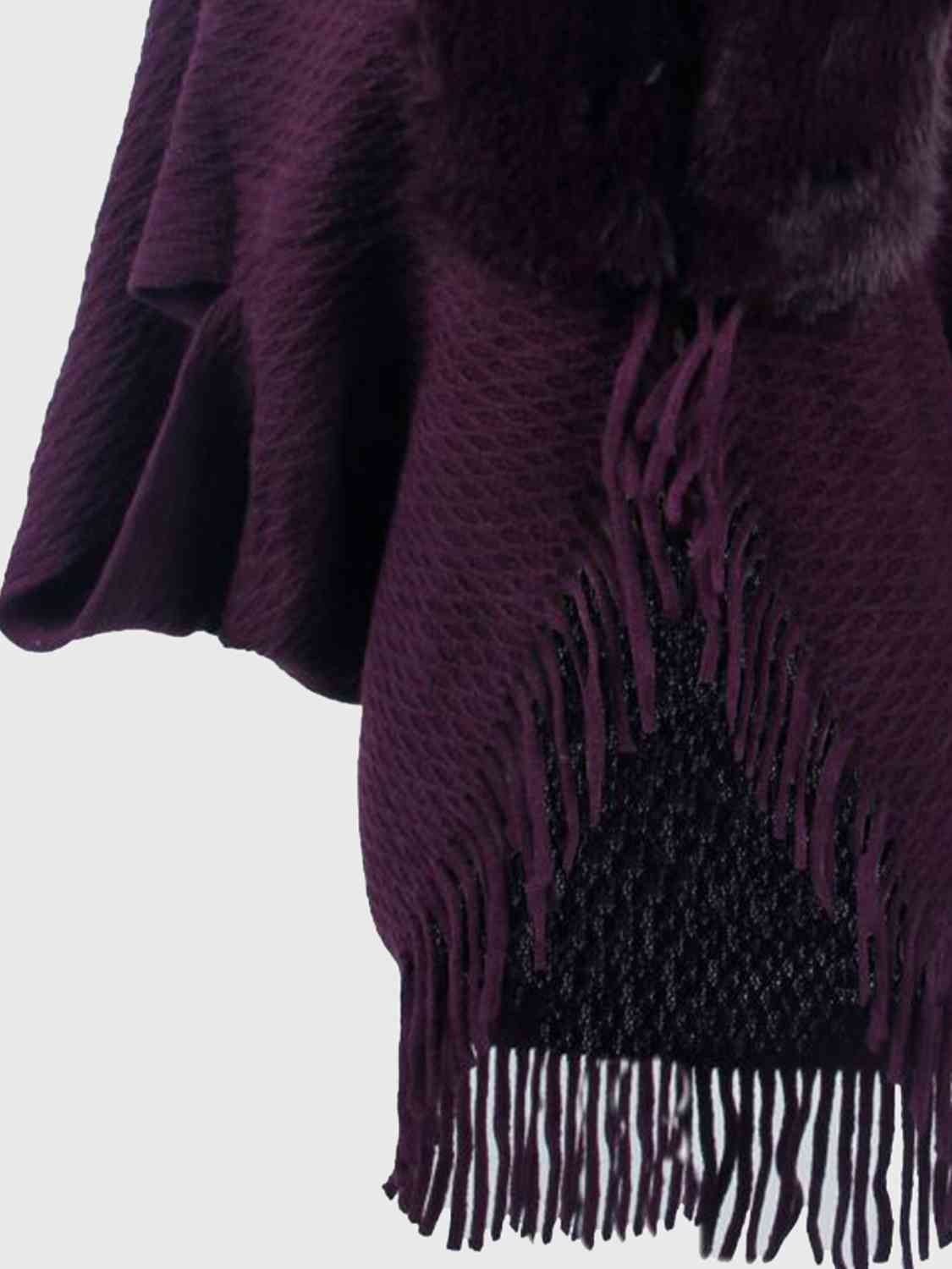 Open Front Fringe Hem Poncho | Casual Solid Fur Stretchy Polyester Poncho