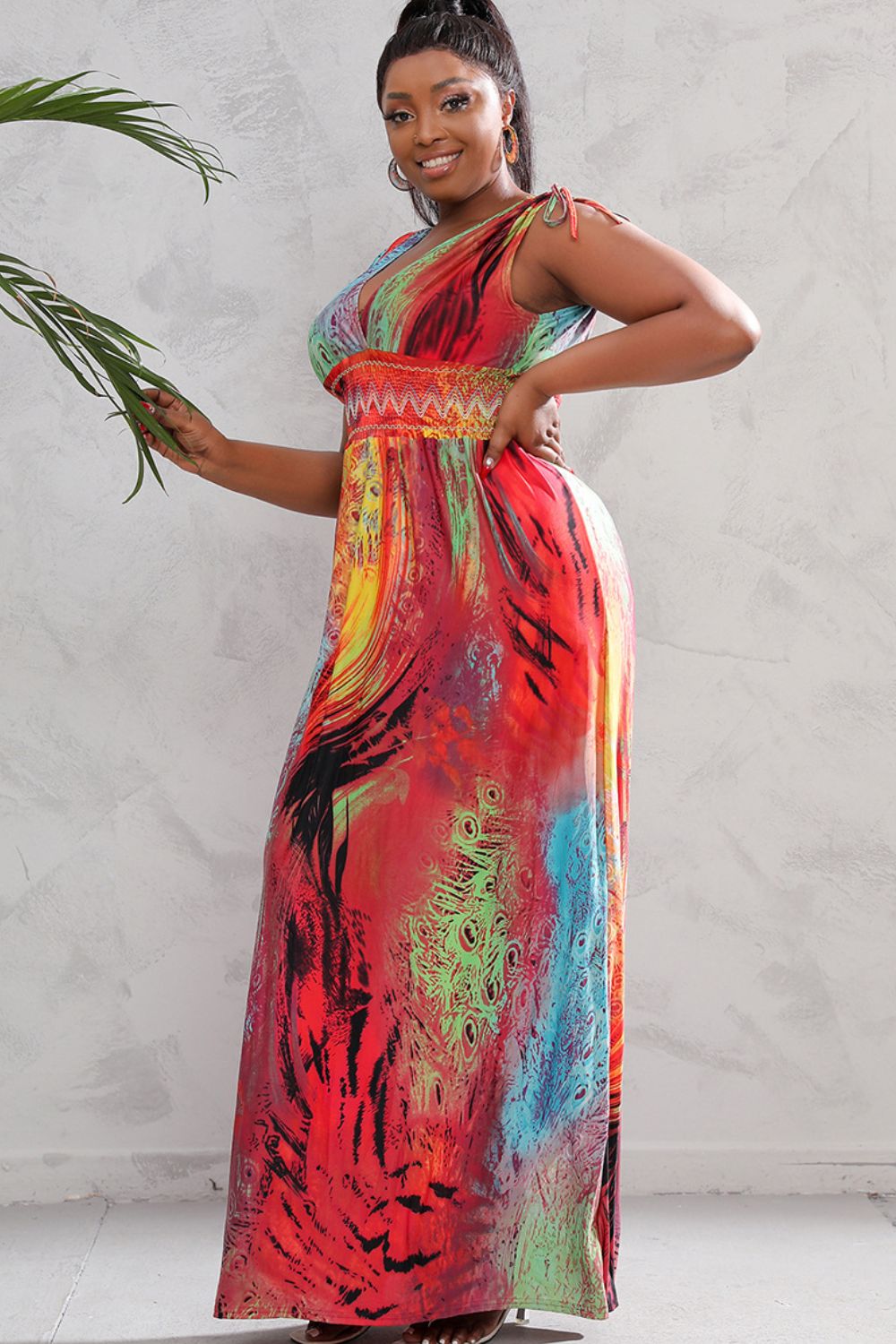 Plus Size Surplice Neck Smocked Waist Maxi Dress | Sleeveless Multicolored Dress