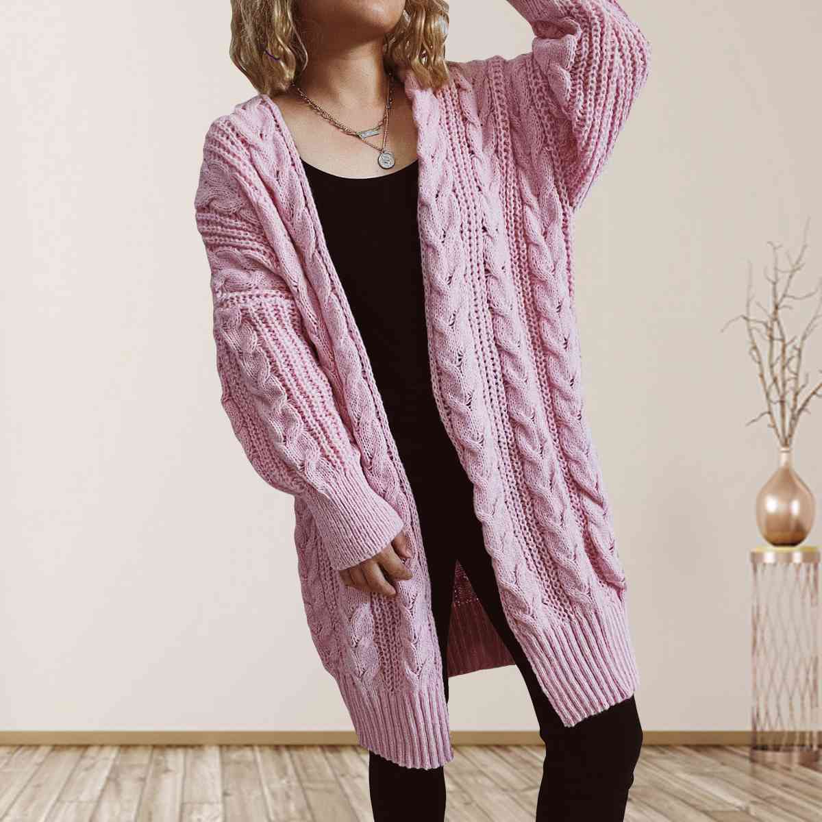 Cable-Knit Open Front Dropped Shoulder Cardigan | Warm Cardigan With Ribbed Hem