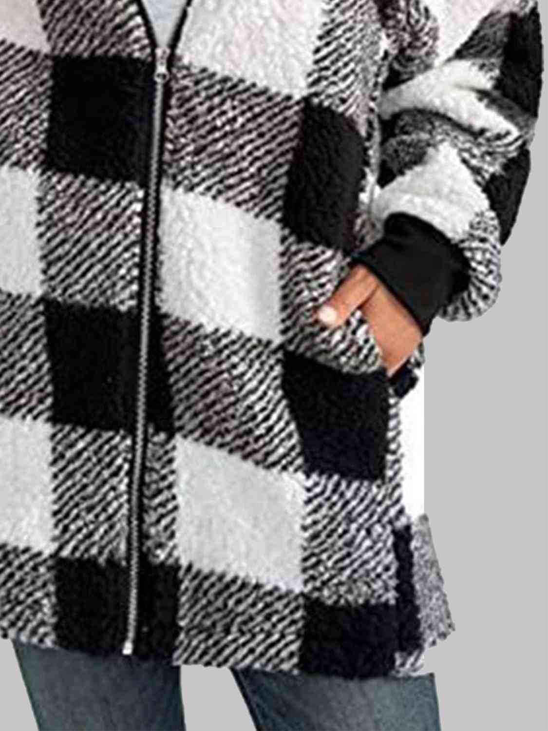 Plaid Zip-Up Hooded Jacket with Pockets | Warm Cozy Fuzzy Sherpa Jacket Shirt