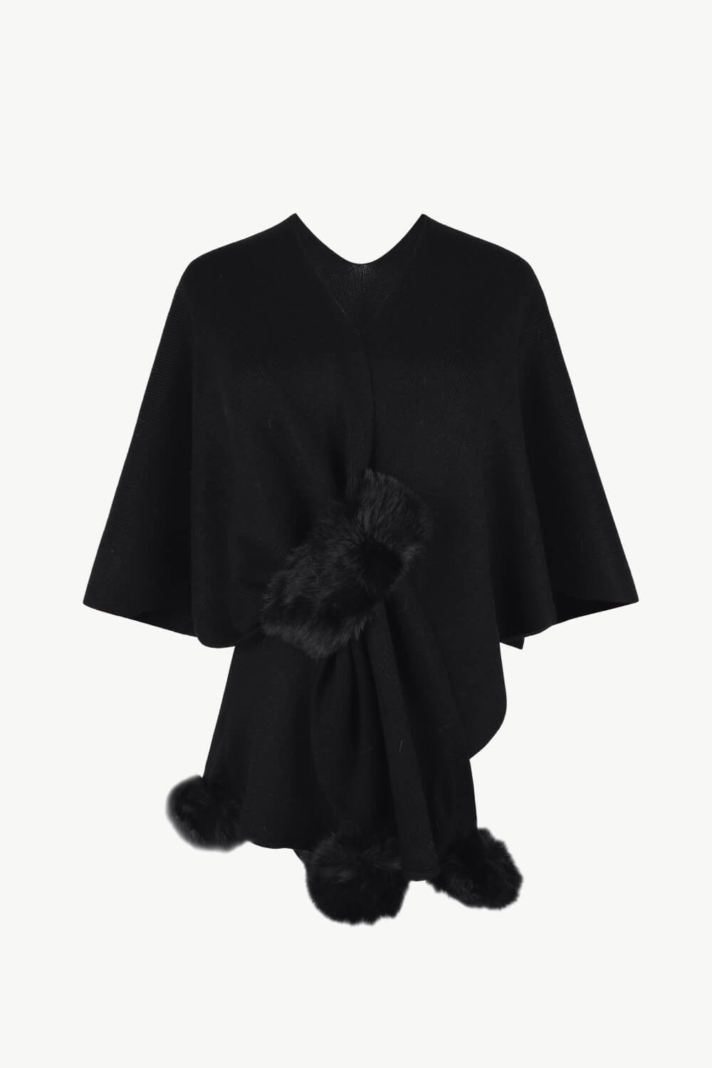 Surplice Neck Pom-Pom Trim Poncho | Casual Solid Stretchy Polyester Poncho