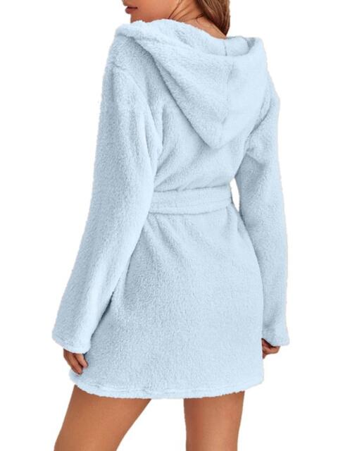 Tie Waist Hooded Robe | Soft Solid Stretched Polyester Robe With Pockets