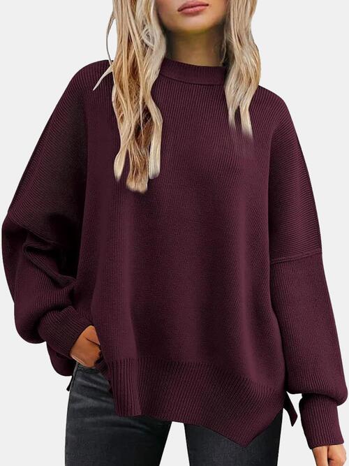 Round Neck Drop Shoulder Slit Sweater | Woman's Casual Stretchy Ribbed Sweater