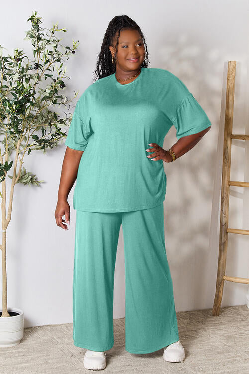 Double Take Full Size Round Neck Slit Top and Pants Set | Solid Stretchy Set