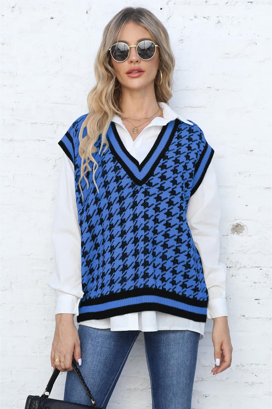 Ribbed V-Neck Sleeveless Sweater | Houndstooth Casual Ribbed Acrylic Sweater