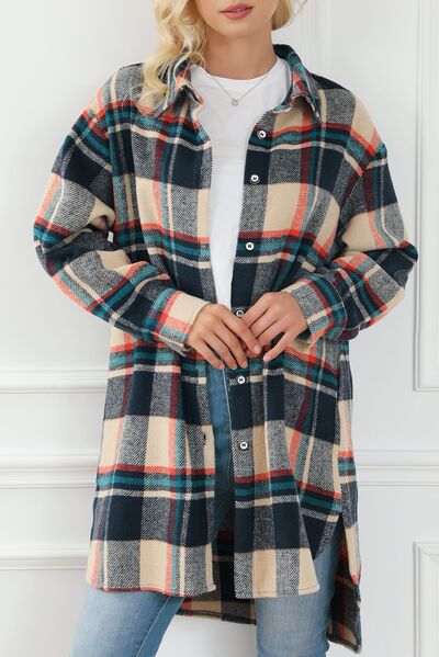 Plaid Button Up Long Sleeve Slit Shacket