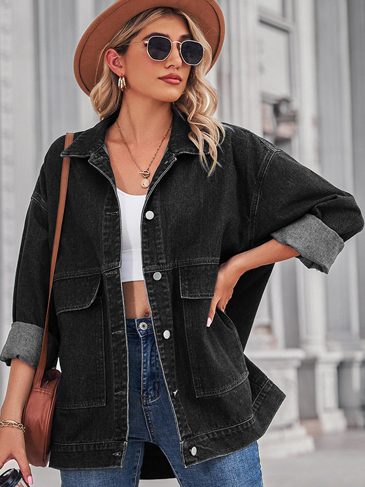 Dropped Shoulder Denim Jacket | Casual Jacket With Collar Neck & Button Closure