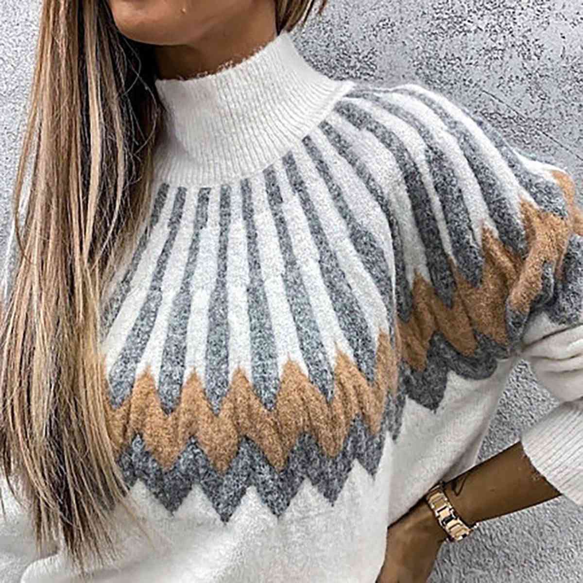 Mock Neck Long Sleeve Sweater | Patterned Sweater With Ribbed Cuffs And Neckline