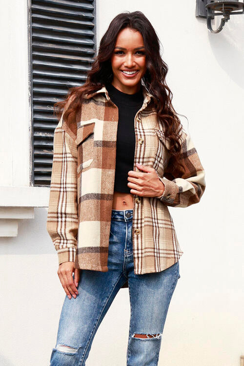 Plaid Button Up Collared Neck Long Sleeve Shacket | Casual Polyester Shacket